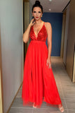 Lovefery Sparkly Sequined Deep V High Split Backless Evening Maxi Dress - Red