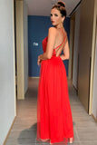 Lovefery Sparkly Sequined Deep V High Split Backless Evening Maxi Dress - Red