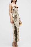 Lovefery Sparkly Square Neck Spaghetti Strap Bodycon Sequin Cocktail Midi Dress - Gold