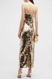 Lovefery Sparkly Square Neck Spaghetti Strap Bodycon Sequin Cocktail Midi Dress - Gold