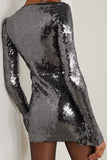 Sparkly Tie Neck Split Sleeve Bodycon Sequin Party Mini Dress - Black Gray