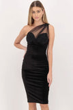 Lovefery Sparkly Tulle One Shoulder Velvet Cocktail Party Midi Dress - Black