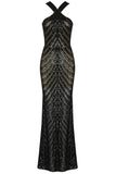 Lovefery Sparkly V Neck Semi Sheer Sequin Mermaid Maxi Formal Dress - Black