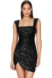 Lovefery Sparkly Wrap Side Ruched Sleeveless Bodycon Sequin Mini Dress - Black