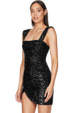 Lovefery Sparkly Wrap Side Ruched Sleeveless Bodycon Sequin Mini Dress - Black