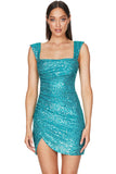 Lovefery Sparkly Wrap Side Ruched Sleeveless Bodycon Sequin Mini Dress - Turquoise