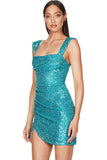 Lovefery Sparkly Wrap Side Ruched Sleeveless Bodycon Sequin Mini Dress - Turquoise