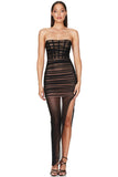 Lovefery Strapless Ruched Bodycon Corset Asymmetrical Slit Cocktail Party Dress - Black