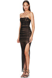 Lovefery Strapless Ruched Bodycon Corset Asymmetrical Slit Cocktail Party Dress - Black