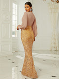 Lovefery Temperament Wedding V-neck Long-sleeved Sequined Party Bag Hip Fishtail Evening Dress