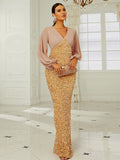 Lovefery Temperament Wedding V-neck Long-sleeved Sequined Party Bag Hip Fishtail Evening Dress