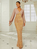 Lovefery Temperament Wedding V-neck Long-sleeved Sequined Party Bag Hip Fishtail Evening Dress