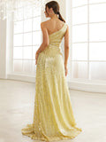 Lovefery Slanted Shoulder Sequined Party Split Fishtail Small Tail Evening Dress