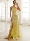 Lovefery Slanted Shoulder Sequined Party Split Fishtail Small Tail Evening Dress