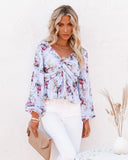 Sure Thing Floral Balloon Sleeve Twist Blouse - Blue