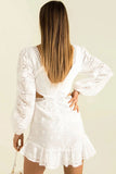 Sweet Broderie Anglaise Deep V Cutout Long Sleeve Mini Dress - White