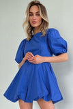 Lovefery Sweet Round Neck Puff Sleeve Fit and Flare Backless Mini Dress - Blue