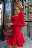 Sweetheart Long Sleeve Winter Ruffle Bandage Knit Mini Dress - Red