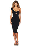 Lovefery Sweetheart One Shoulder Bodycon Midi Cocktail Party Dress - Black