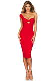 Lovefery Sweetheart One Shoulder Bodycon Midi Cocktail Party Dress - Red