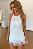 lovefery Swing Fringe Halter Neck Backless Flapper Mini Romper Dress - White