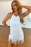 lovefery Swing Fringe Halter Neck Backless Flapper Mini Romper Dress - White