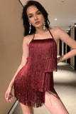 lovefery Swing Fringe Halter Neck Backless Flapper Mini Romper Dress -Wine Red