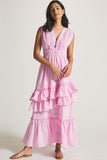 Lovefery Swingy Buttoned Sleeveless Beach Vacation Ruffle Tiered Maxi Sundress - Pink