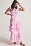 Lovefery Swingy Buttoned Sleeveless Beach Vacation Ruffle Tiered Maxi Sundress - Pink