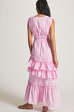 Lovefery Swingy Buttoned Sleeveless Beach Vacation Ruffle Tiered Maxi Sundress - Pink