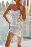 Lovefery Swingy Fringe Sweetheart Spaghetti Strap Sequin Mini Dress - Silver