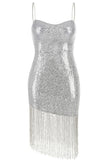 Lovefery Swingy Fringe Sweetheart Spaghetti Strap Sequin Mini Dress - Silver