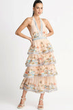 lovefery Swingy Halter V Neck Beach Vacation Printed Ruffle Tiered Midi Sundress - Cream