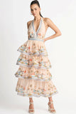 lovefery Swingy Halter V Neck Beach Vacation Printed Ruffle Tiered Midi Sundress - Cream