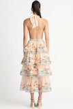 lovefery Swingy Halter V Neck Beach Vacation Printed Ruffle Tiered Midi Sundress - Cream