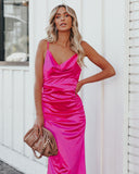 Lovefery Take Care Satin Cowl Neck Maxi Dress - Fuchsia