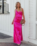 Lovefery Take Care Satin Cowl Neck Maxi Dress - Fuchsia