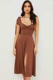 Lovefery Tie Strap Fit & Flare High Slit Slip Midi Dress - Chocolate