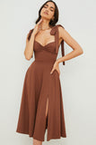 Lovefery Tie Strap Fit & Flare High Slit Slip Midi Dress - Chocolate