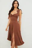 Lovefery Tie Strap Fit & Flare High Slit Slip Midi Dress - Chocolate