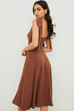 Lovefery Tie Strap Fit & Flare High Slit Slip Midi Dress - Chocolate