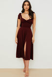 Lovefery Tie Strap Fit & Flare High Slit Slip Midi Dress - Dark Wine