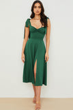 Lovefery Tie Strap Fit & Flare High Slit Slip Midi Dress - Emerald Green