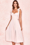 Lovefery Tie Strap Fit & Flare High Slit Slip Midi Dress - Pink