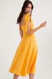 Lovefery Tie Strap Fit & Flare High Slit Slip Midi Dress - Yellow