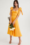 Lovefery Tie Strap Fit & Flare High Slit Slip Midi Dress - Yellow