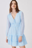 Tiered Ruffle Long Sleeve French Pleated Mini Dress - Light Blue