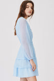 Tiered Ruffle Long Sleeve French Pleated Mini Dress - Light Blue