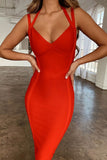 lovefery Unique Halter Bandage Bodycon Midi Cocktail Party Dress - Red