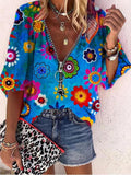 V-Neck Printed Zipper Five-Quarter Sleeves Blouses